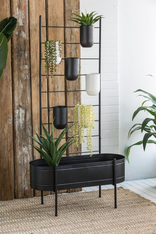 English Elm 32x14x60" Matte Black Iron Ladder Plant Stand with Bucket Planters for Indoor Outdoor W2078P499969