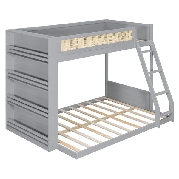 English Elm Twin Over Full Bunk Bed with Cane Guardrail Led Lighting and Built-in Bookshelf Gray LT000351AAE