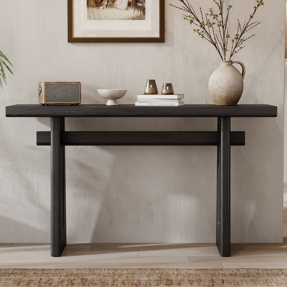 English Elm Mirod Wood Veneer Geometric Console Table Sculptural Sled Base for Entryway Hallway N760P321811B