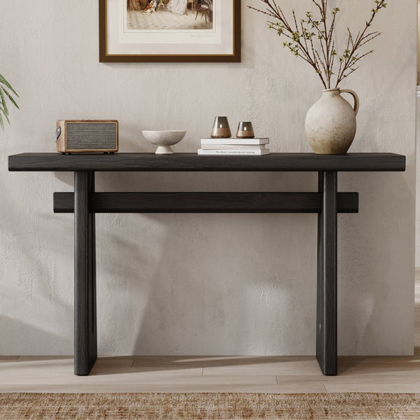 English Elm Mirod Wood Veneer Geometric Console Table Sculptural Sled Base for Entryway Hallway N760P321811B