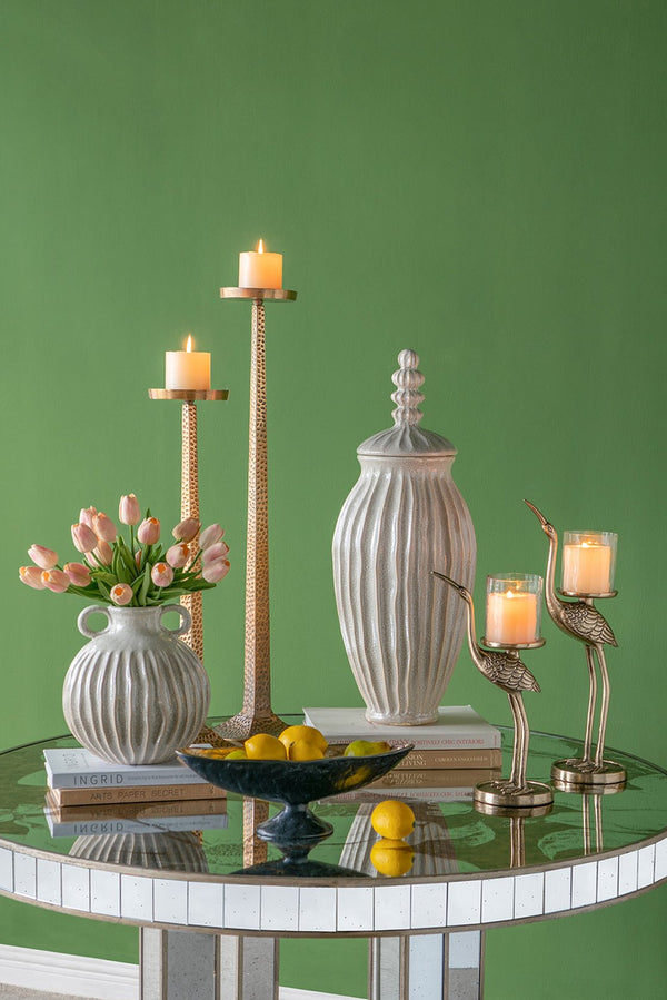 English Elm 9x9x10" Decorative Ceramic Flower Vase with Gold Finish, Textured Line Motif & Small Handles for Mantelpieces W2078P357167