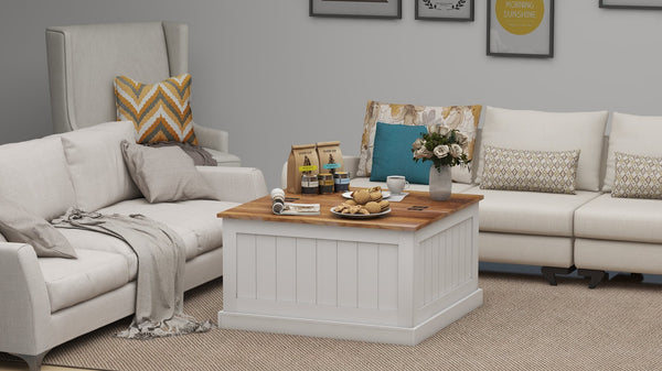 English Elm 31.5" Farmhouse Coffee Table with Hinged Lift Top, Rustic Square Wood Center Table w/Hidden Storage White W282P160415