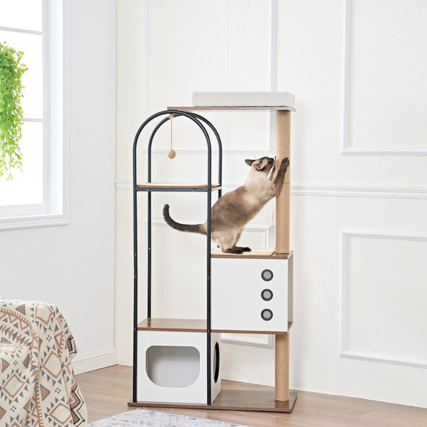 English Elm Cat Tower Five Tier Modern Tree with Steel Frame Scratching Posts and Cozy Hideout Cabinets W1687P487159