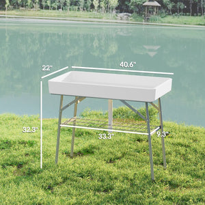 English Elm Outdoor Folding Drink Station Table with Built-in Ice Sink and Steel Frame White T3971P446146
