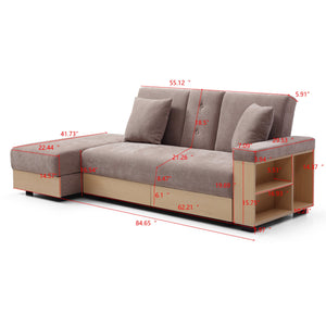 English Elm Convertible Sleeper Sofa with Reversible Armrest, Storage Ottoman, Drop-Down Table & Dual Cup Holders for Living Room Comfort Light Brown W2677S00024