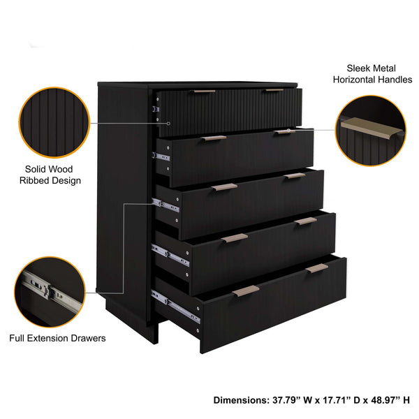 English Elm Granville 38" Black Chest - 5-Drawer Storage With Glam Hardware, Contemporary Design & Solid Wood B365S00081