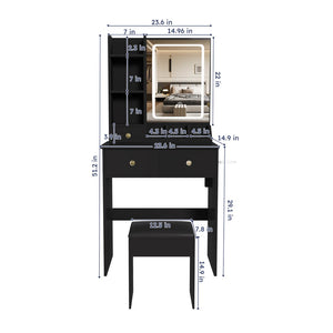 English Elm Modern Vanity Desk with Led Mirror 3 Drawers Built-in Outlet and Matching Chair Black W509P465833
