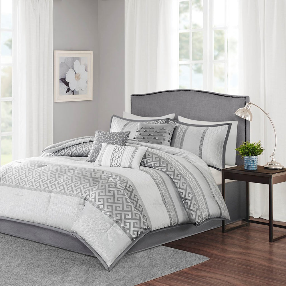 English Elm 7 Piece Comforter Set Grey Queen - Elegant Jacquard Design With Decorative Pillows For Stylish Comfort B03596855