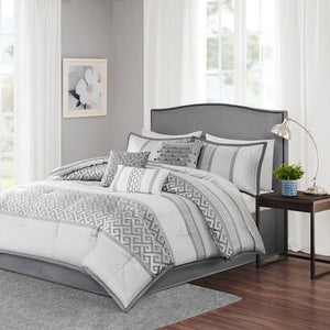 English Elm 7 Piece Comforter Set Grey Queen - Elegant Jacquard Design With Decorative Pillows For Stylish Comfort B03596855