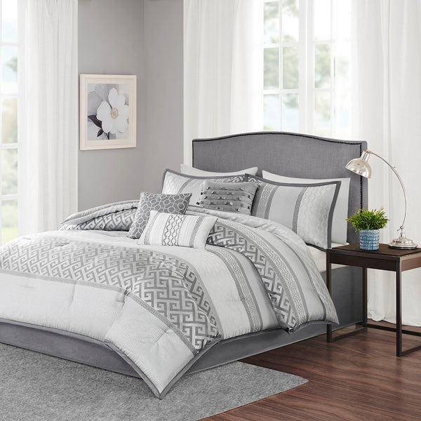 English Elm 7 Piece Comforter Set Grey Queen - Elegant Jacquard Design With Decorative Pillows For Stylish Comfort B03596855