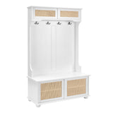 English Elm Clothes Hanger Hall Tree Storage Bench Shoe Rack For Entryway, Hall Tree With Bench and Shoe Storage, Hall Tree Entryway Bench With Rattan Door White, 40.16"W*18.58"D*64.17"H