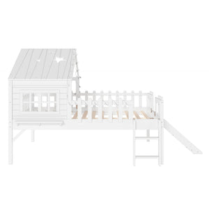 English Elm Twin Playhouse Loft Bed Solid Pine Frame with Slide Led Lights and Star Roof White W5316S00004