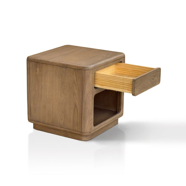 English Elm Driftwood Oak End Table with Open Shelf and Push Drawer for Modern Living B035P437552