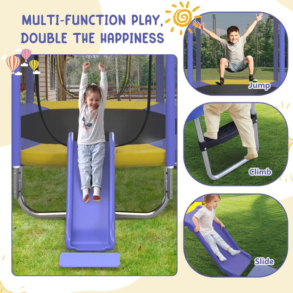 English Elm 7ft Hexagonal Kids Outdoor Trampoline with Enclosure Net Slide and Ladder Purple N739P272805A