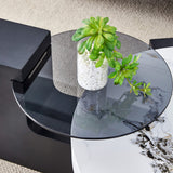 English Elm Modern Simple Double-Layer Round Coffee Table - Transparent Gray Glass Top With Black Mdf L-Shaped Legs.The Detachable Design Can Make The Use Of Space More Flexible.