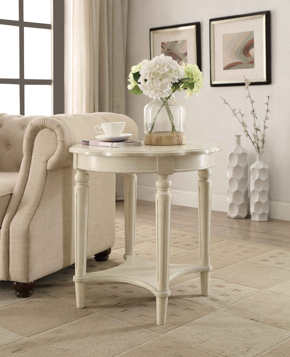 English Elm Antique White End Table With Open Bottom Shelf - French Country Style, Distressed Finish & Mobility B062P189204