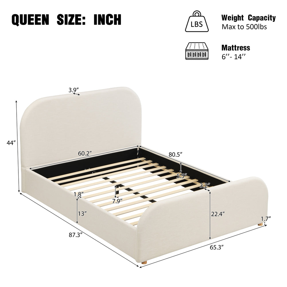 English Elm Christopher Knight Home® - Queen Linen Upholstered Curved Headboard Bed Frame with Solid Wood Legs, Plush Padded Beige Design N757Q343420I
