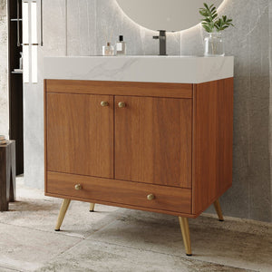 English Elm Mid-century Freestanding Bathroom Vanity with Marble Stone Top Gold Legs Storage W3136S00066