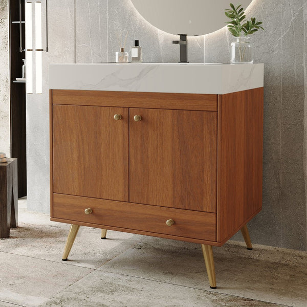 English Elm Mid-century Freestanding Bathroom Vanity with Marble Stone Top Gold Legs Storage W3136S00066