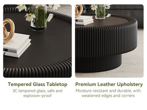 English Elm 31.5" Fluted Leather Round Coffee Table Tempered Glass Lift Top Hidden Storage Modern Black W3158P450847