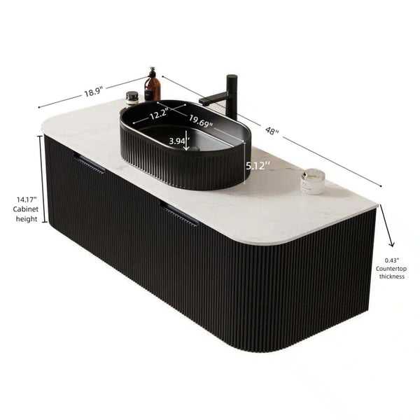 English Elm Dina Floating Bathroom Vanity with Crystal Glass Basin and Sintered Stone Top Black,Carrara White W2615S00199