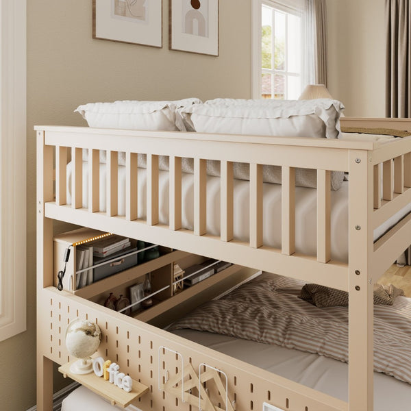 English Elm Full Over Bunk Bed with Led Lighting Pegboard Shelving and Pine Wood Frame Beige LT000278AAA