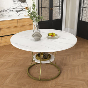 English Elm 43 Inch Expandable Round Dining Table Walnut Veneer Seats Six with Metal Storage Shelf Walnut+Gold W2700P411581