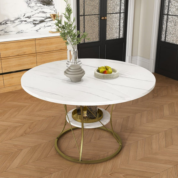 English Elm 43 Inch Expandable Round Dining Table Walnut Veneer Seats Six with Metal Storage Shelf Walnut+Gold W2700P411581