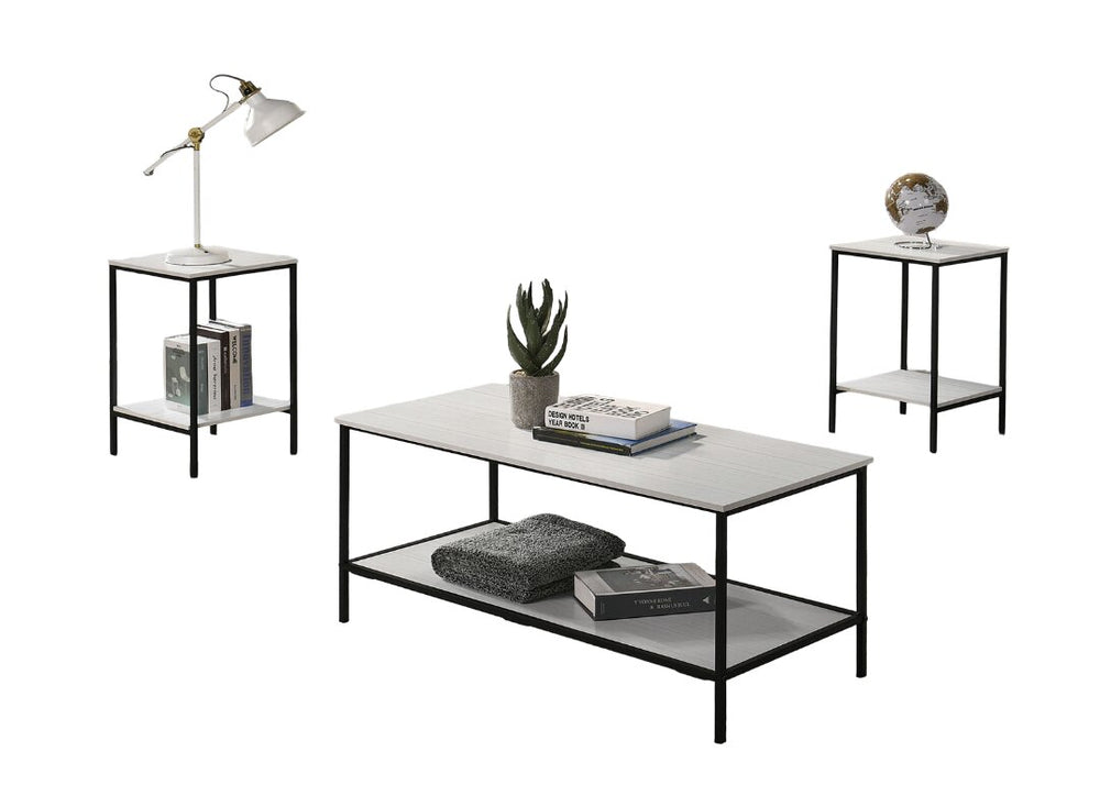 English Elm White Modern 3pc Table Set with Angular Geometric Metal Bases, Engineered Wood Surfaces, Sleek Living Room White 47 L x 21 W x 5 H B2741P392070