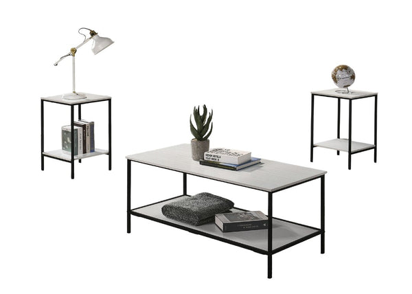 English Elm White Modern 3pc Table Set with Angular Geometric Metal Bases, Engineered Wood Surfaces, Sleek Living Room White 47 L x 21 W x 5 H B2741P392070