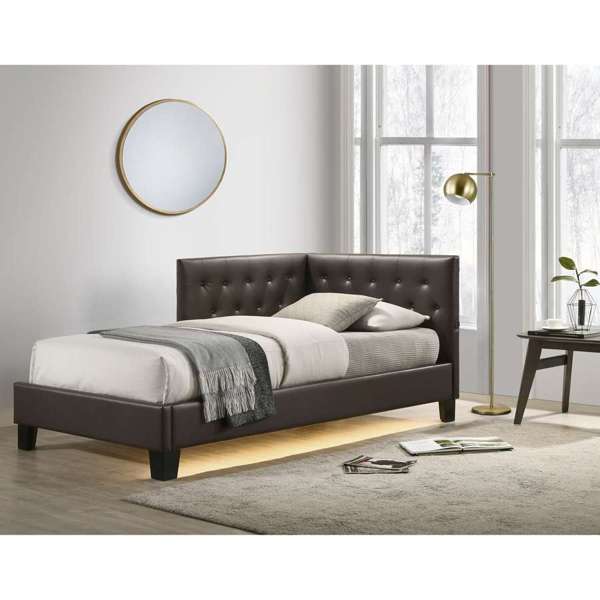 English Elm Julesburg Twin Corner Bed Brown PU with Tufted Headboard, USB A+C Ports & Sensor Night Lights B2740P372708