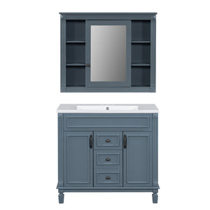 English Elm 36'' Bathroom Vanity with Sink and Mirror Cabinet, Modern MDF & Solid Wood Design, Ceramic Top, Soft-Close Doors Blue SW000115AAC-1