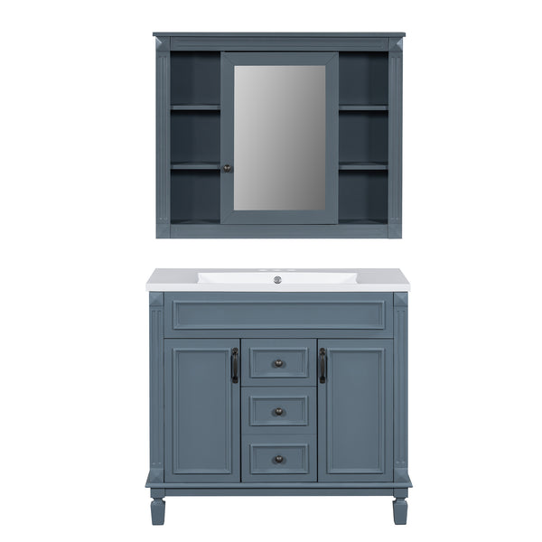 English Elm 36'' Bathroom Vanity with Sink and Mirror Cabinet, Modern MDF & Solid Wood Design, Ceramic Top, Soft-Close Doors Blue SW000115AAC-1
