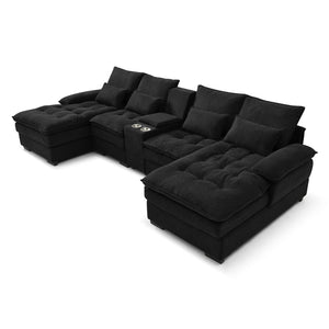 English Elm 130" U-shaped Sectional Sofa Six Seat Linen Upholstered with Built-in Console and Chaise Black W1117S00270