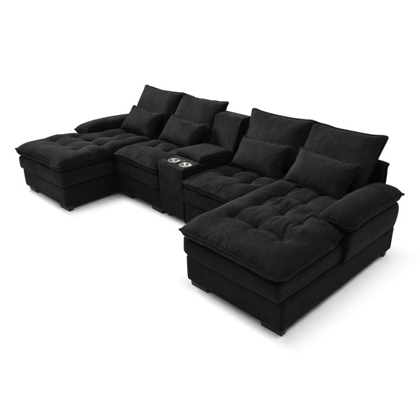 English Elm 130" U-shaped Sectional Sofa Six Seat Linen Upholstered with Built-in Console and Chaise Black W1117S00270