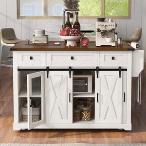 English Elm K&K 58" Farmhouse Kitchen Island with Sliding Barn Door, Drop Leaf, Glass Rack, Locking Wheels, Power White N707P349811W