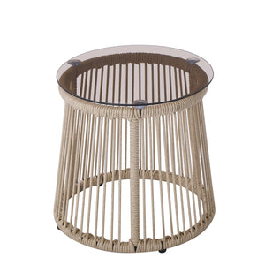 English Elm Christopher Knight Home® - MOONSTONE Light Brown Side Table with Handwoven Rope, Tempered Glass Top, Iron Frame, Modern Outdoor N775P251642B