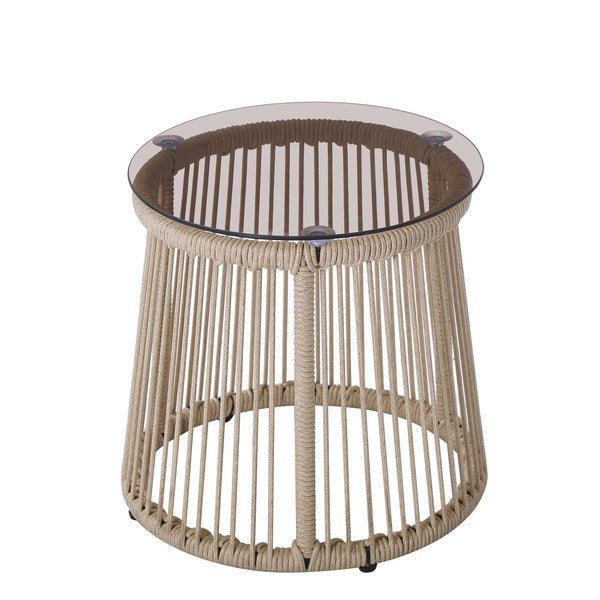 English Elm Christopher Knight Home® - MOONSTONE Light Brown Side Table with Handwoven Rope, Tempered Glass Top, Iron Frame, Modern Outdoor N775P251642B