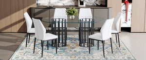 English Elm Table Set Oval Tempered Glass Top with Six Shell Back Pu Chairs Modern Dining Room W1151S04757