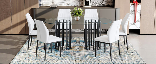 English Elm Table Set Oval Tempered Glass Top with Six Shell Back Pu Chairs Modern Dining Room W1151S04757