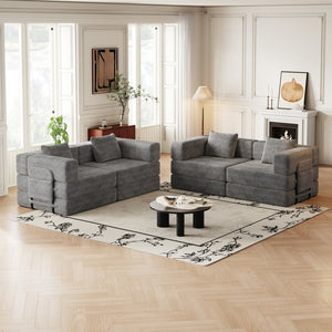 English Elm 4 Seater Corduroy Floor Sofa Bed with Storage Pockets and High Density Foam Fill W3505S00018