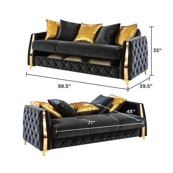 English Elm Lippa Quilted Polyester Sleeper Sofa with Gold Legs Storage and Contemporary Style Black B009S02234