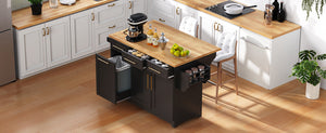 English Elm K&K Vintage Kitchen Island with Rubberwood Top, Hidden Wheels, Pull-Out Trash & Charging Station Black N707P299014B