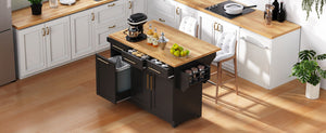 English Elm K&k Rolling Kitchen Island Rubber Wood Top Brass Hardware Built-in Outlets Storage Black N707S299014B