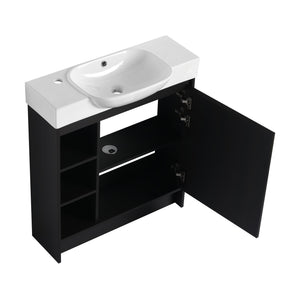 English Elm 30'' Freestanding vanity with white ceramic sink, soft-close doors, water-resistant melamine finish, modern handle design Dark Oak W999P310760