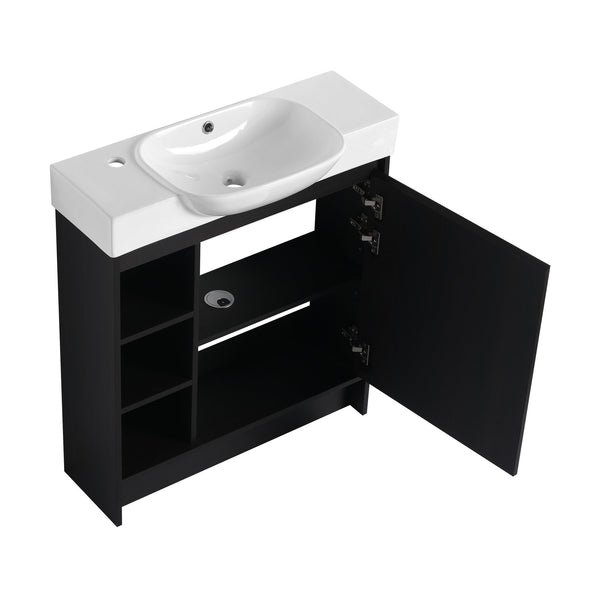 English Elm 30'' Freestanding vanity with white ceramic sink, soft-close doors, water-resistant melamine finish, modern handle design Dark Oak W999P310760