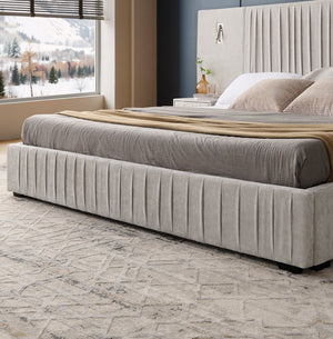 English Elm King Modern Upholstered Platform Bed with Pleated Chenille Headboard, Built‑in Nightstand & Lamp Beige W487S00394