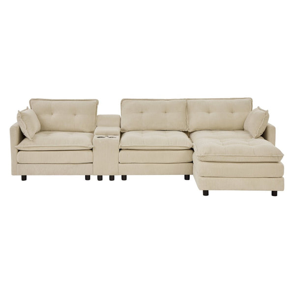 English Elm 119" Tufted Corduroy L-shaped Sectional with Ottoman Console Usb Charging 4 Seat Beige W1998S00100