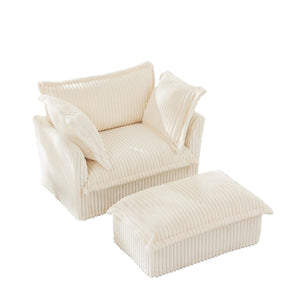 English Elm Upholstered Cream Corduroy Armchair Set With Wide Ottoman & Soft Pillows For Cozy Living Spaces W3041S00016-GIGA