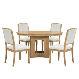 English Elm TOPMAX Solid Wood Extendable Round Dining Set for Small Spaces with 16" Removable Leaf and Cushioned Chairs Natural+Beige SP000091AAN